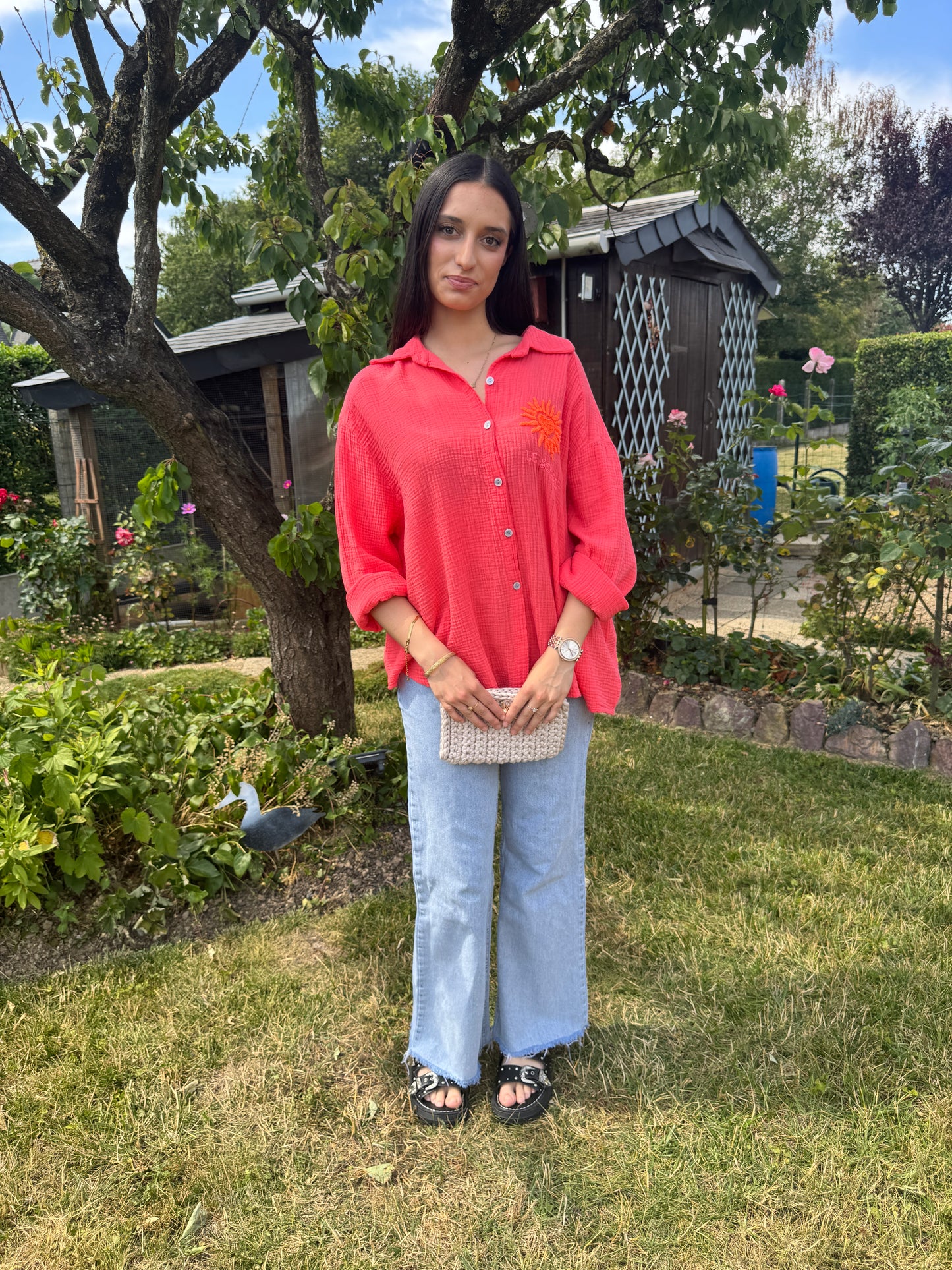 Chemise corail brodée gaze coton