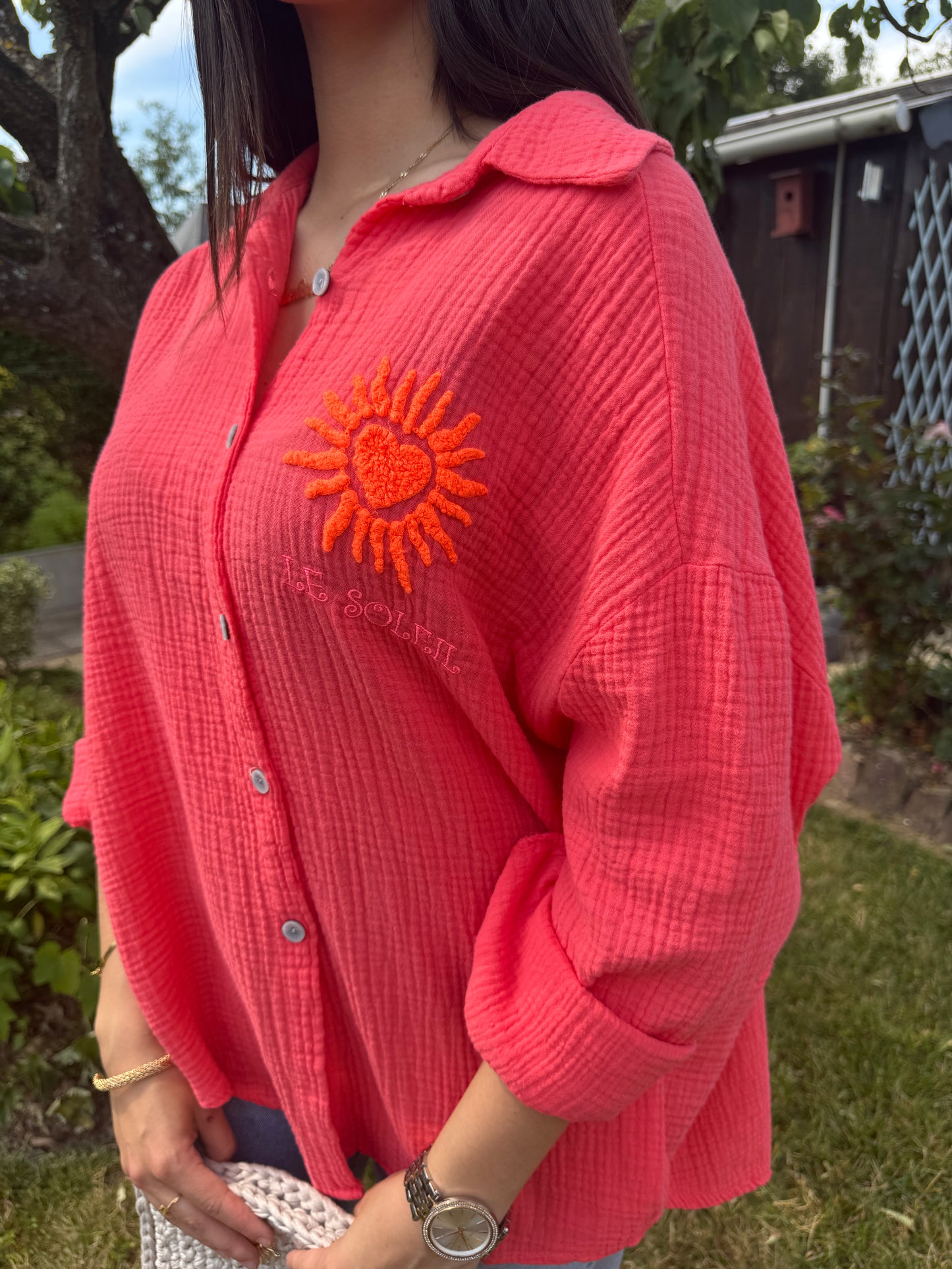 Chemise corail brodée gaze coton