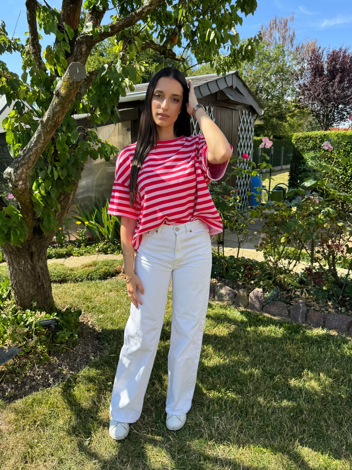 T-shirt rayé rose-rouge