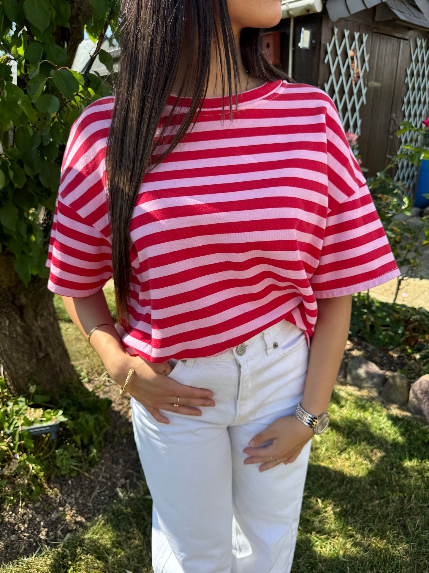 T-shirt rayé rose-rouge