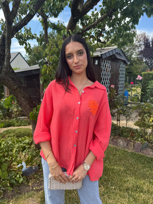 Chemise corail brodée gaze coton
